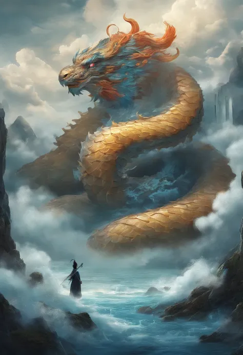 china style，Chinese mythology，Xuanwu，faucet，Tortoise body，Heavy tortoiseshell shell，The tail of the snake grows，the presence of horns on the head，tosen，Ferocious，immensity，Eyes emit blue light，Mare，Huge waves，Surrounded by clouds，中景 the scene is，Full body ...