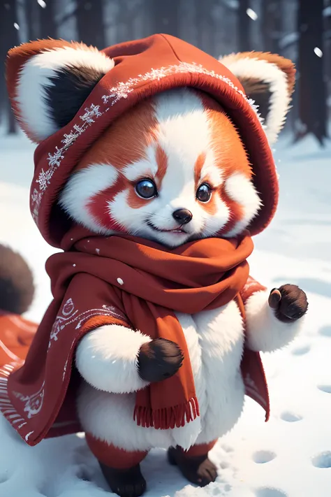 (Best quality,A high resolution,Masterpiece:1.2),Ultra-detailed,clay,closeup cleavage,Little cute red panda,Coat,Scarves and hats,Standing in the snow,Fluffy fur,Sparkling eyes,Soft lighting