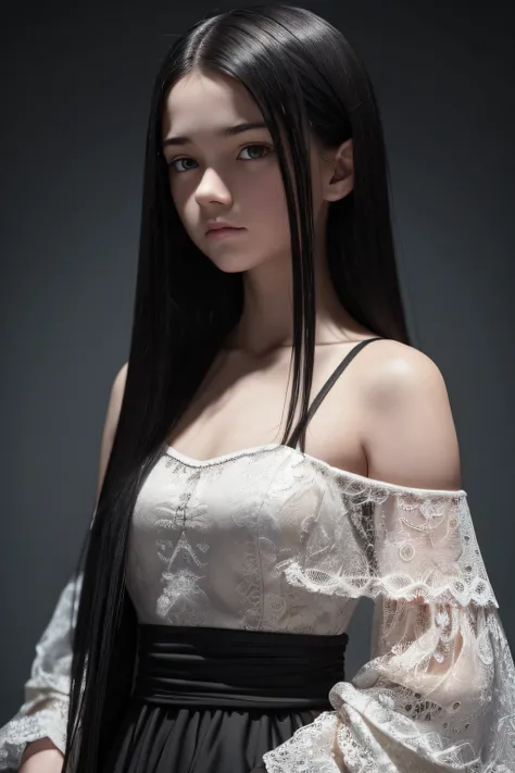 13 year old girl with pale skin and long teens, Straight black hair. big, dark eyes , With an intense and enigmatic look. Wear Orphan movie clothing styles, With a more elegant and sophisticated touch, Matching her mysterious and intense personality. Overa...