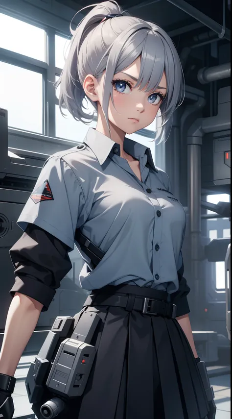 young girl, short gray hair, high ponytail, gray eyes, blue battle shirt, skirt, robot behind, guns, Masterpiece, hiquality, 4k, HD, Good detail