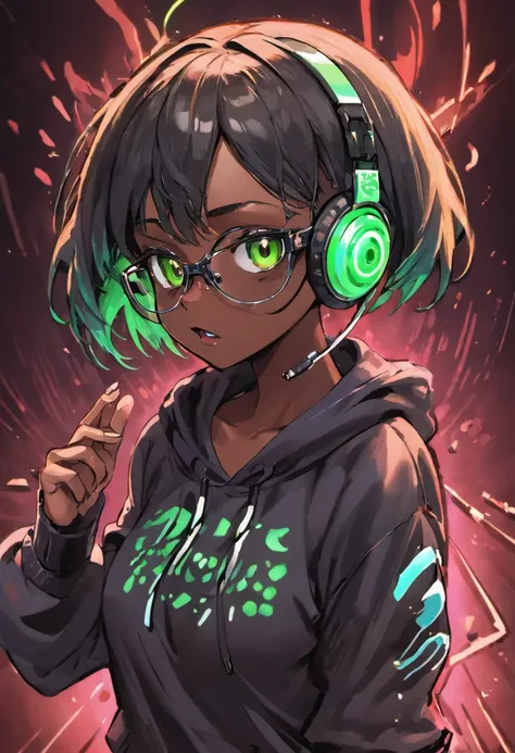 anime, deejaying dark skin girl, dj, dj sark skin girl, headphones, rave, (highest picture quality),masterpiece,best quality,extremely detailed CG wallpaper, ultra_detailed,(Cinematic Lighting:1.1), (cold face), green eyes, 1girl, solo, dark-green_hair, sh...