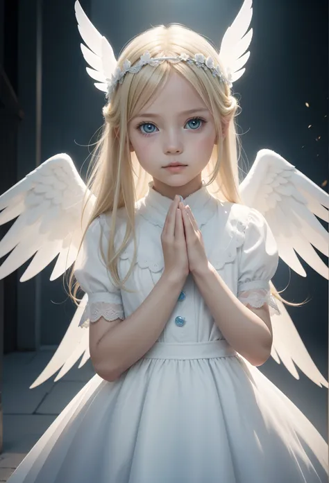 create a hyper realistic photo of a 5 year old European girl, dressed as an angel, her skin is white and her hair is blonde, her clothes are white, she has angel wings, she has an aura of blue light around her head , she is praying with her hands together,...