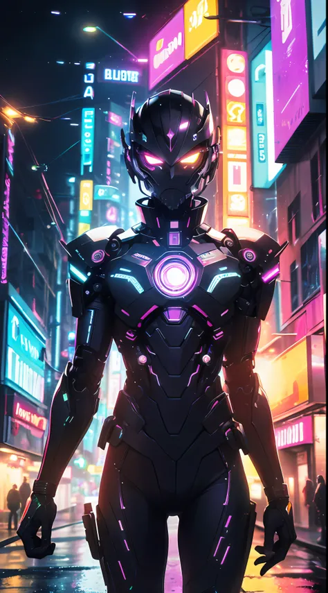 An award winning master piece photo of a cyborg man with psychedelic colors standing in a city street at night in the rain, 8k, (high quality:1.1), (cinematic feeling:1.1), dark deep shadows, incredibly intricate detailing, art , (up close:1.1), from above...