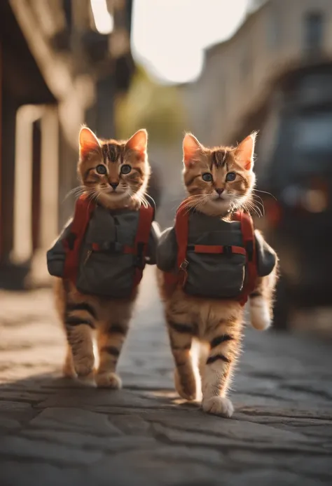 I have two little kittens, a cute little cat, cute kittens, Cutest, Incredibly cute, Adorable and cute, And cute and lovely. They are walking down the street with backpacks, Walking together, commute, Proudly walk down the street, And the cat is walking. T...