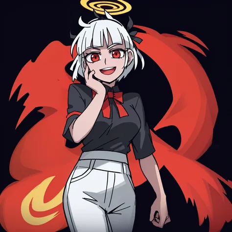 2d, masterpiece, best quality, highly detailed eyes, highly detailed face, cowboy shot, feet out of frame, 1girl, solo, standing, black background, red background, helltaker, azazel (helltaker), white shirt, white pants, gold trim, halo, angel, black hair,...