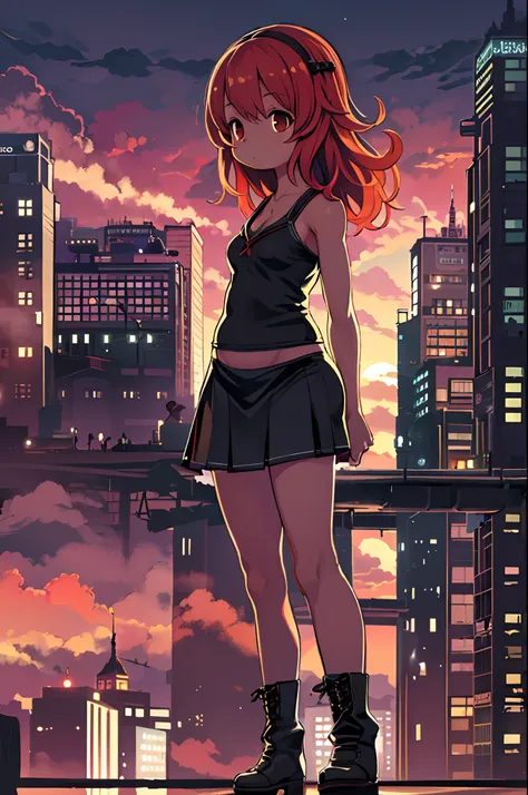 ((Best Illustration)) Brazilian girls, Red hair, Teenage body, Black top, Black tight skirt, Black boots, Urban landscape, building, sky line, Sunset, Silhouette on cloud background, Contemplative. Lori、Young children、Chibi