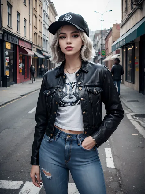 bad girl, portrait, day time, jeans, jeans jacket, hat, vans shoes and other accessories, street road background, detailed picture, cinematic intricate, wavy chop haircut, dark black eyeliner, mod hair, silver blonde, dark lipstick, detailed, extremely hig...