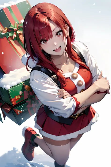 (Best Quality, 8K, Oil Painting, masutepiece:1.2), Ultra-detailed, (Realistic, Photorealistic:1.37), (((full body Esbian)))、Vibrant colors, Studio Lighting, (((White background)))、Shoulder-length bob hair, (((Santa Claus Costume)))、(((Red Santa Clothes))) ...