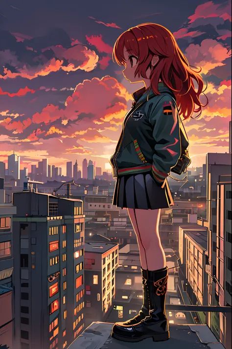 ((Best Illustration)) Brazilian girls, Red hair, Teenage body, Black top, Black tight skirt, Black boots, Urban landscape, building, sky line, Sunset, Silhouette on cloud background, Contemplative. Lori、Young children、Chibi