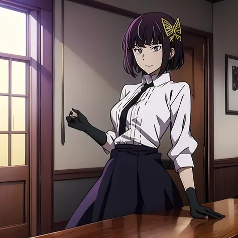 masutepiece, Best Quality, 超A high resolution, top-quality, Anime style, yosano akiko, 1 woman, butterfly hair ornament, Long gloves in black, Black tie, white  shirt, Reddish-purple eyes