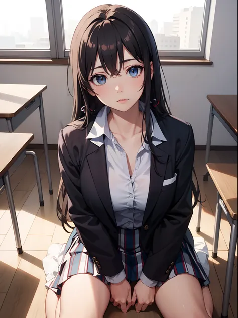 yukinoyukinoshita, yukino yukinoshita, black hair, blue eyes, long hair, BREAK blazer, cardigan, jacket, plaid, plaid skirt, school uniform, skirt, sobu high school uniform,, BREAK indoors, classroom, BREAK looking at viewer, (((sitting, kneeling down, on ...