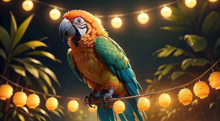 view a orange parrot, Pixar Style Movie, so cute, big eyes, bright eyes, pretty eyes, fullbody orange, forest party, Clothesline Lights, smilling, cornflake on a plate