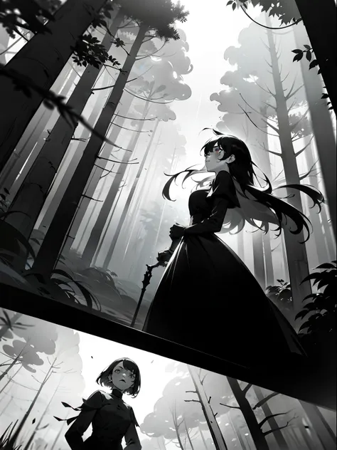 Black and white comics, monochrome mode, segmentation, comics page, dialog bubble box,   Comic grid segmentation
 An 18-year-old girl with black hair and a black dress,   forest 
Look up at this beautiful forest，I saw that the canopy of the tree was like a...