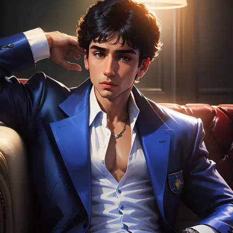 Tony Montana Teen version, wearing a stylish royal blue school uniform, HD portrait