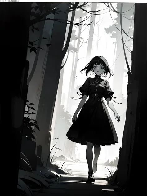 Black and white comics, monochrome mode, segmentation, comics page, dialog bubble box,   Comic grid segmentation
 An 18-year-old girl with black hair and a black dress,   forest 
She turned a corner on the trail，Find yourself facing a doe。