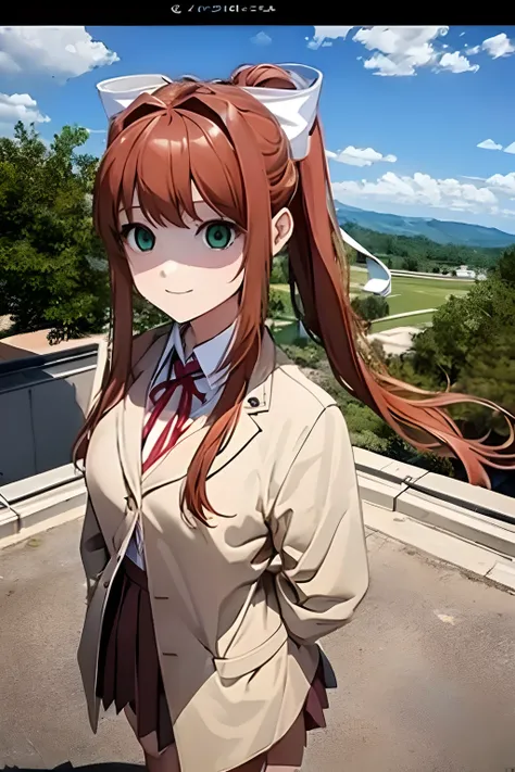 Monika standing and blankly looking at viewer, (view of body from hip to above head), ((camera view from front, eye level))