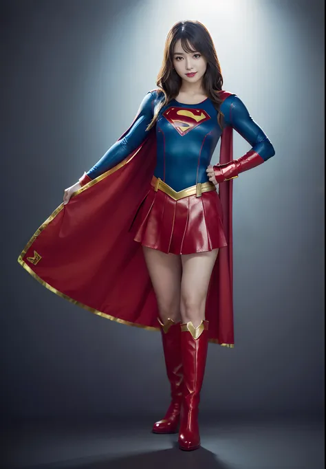 (((Wear black tights on your beautiful legs.)))、(((Grow legs、tall、beauty legs)))、(((facial expression of smile)))、((((Make the most of the original image)))、(((Supergirl Costume)))、(((beautiful hairl)))、(((Suffering)))、(((Feet must necessarily be worn with...