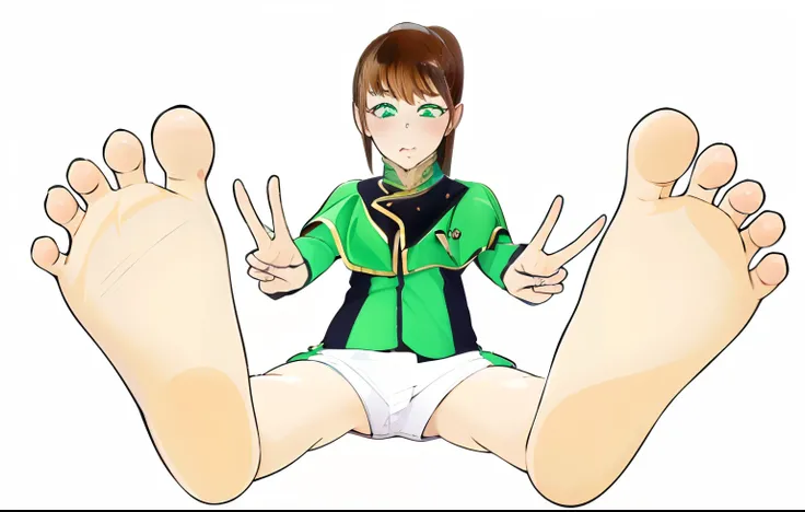 (masutepiece:1.1), (high resolusion:1.2), (Illustration:1.05), (ultra detailed 8k art:1.05), (finely detailed beautiful eye), Perfect face, Bright pupils, Lustrous skin, hayami_Sena ,Green eyes, , Black_Belt bag, Green_Capelet, Green_Jacket, white_Shorts,,...