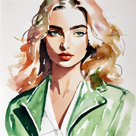 David Downton fashion illustration, watercolor drawing, thin blonde hair 1woman, Andreea Diaconu, cute face, green eyes, rose lipstick, gentle lilac sweatshirt, gray leather jacket, orange autumn leaves