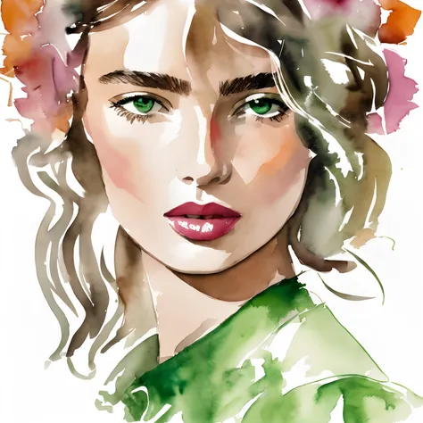 David Downton fashion illustration, watercolor drawing, thin blonde hair 1woman, Andreea Diaconu, cute face, green eyes, rose lipstick, gentle lilac sweatshirt, gray leather jacket, orange autumn leaves