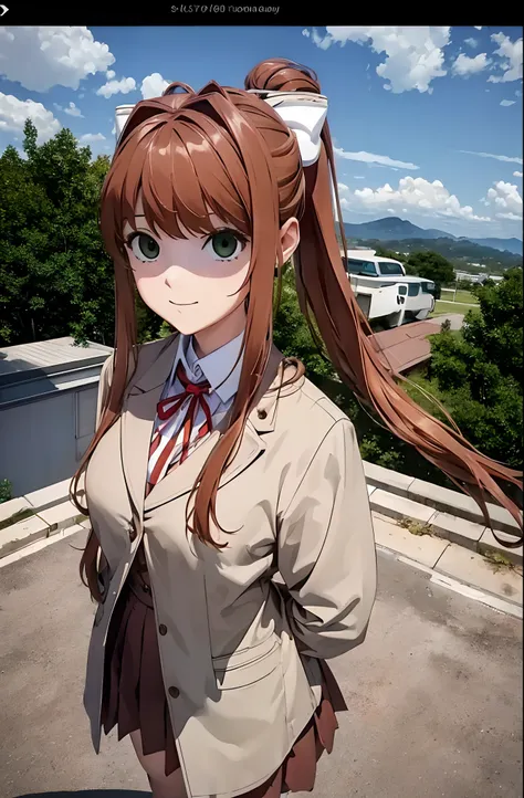 Monika standing and blankly looking at viewer, (view of body from hip to above head), ((camera view from front, eye level)), ((4k))