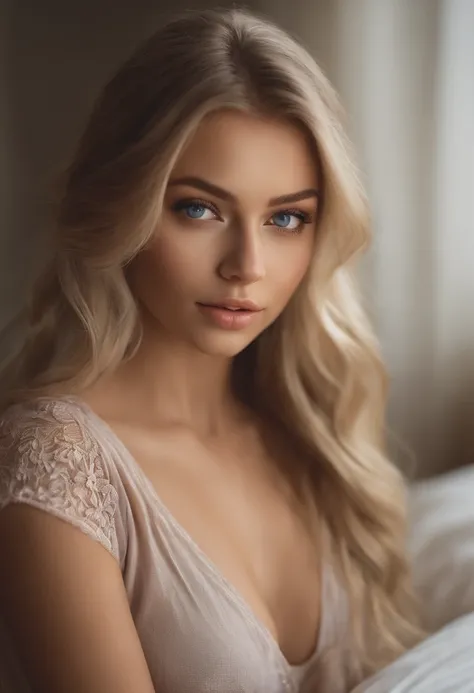 arafed woman fully , sexy girl with blue eyes, ultra realistic, meticulously detailed, portrait sophie mudd, blonde hair and large eyes, selfie of a young woman, bedroom eyes, violet myers, without makeup, natural makeup, looking directly at the camera, fa...