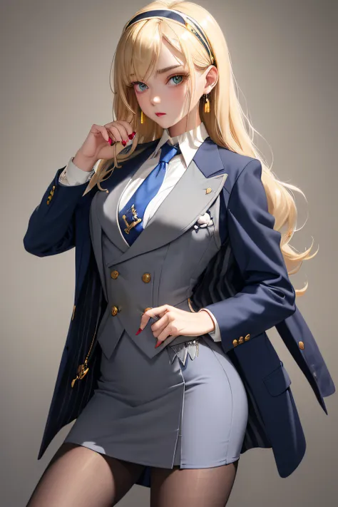 (masterpiece, best quality:1.2), cowboy shot, solo, 1girl, long hair, pushed back hair, wavy hair, hairband, blonde hair, makeup, lipstick, looking at viewer, grey skirt suit, (((three-piece suit))), ((blue dress shirt with white collar)), contrast collar,...