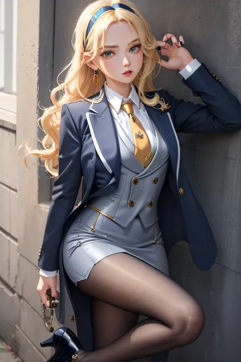 (masterpiece, best quality:1.2), cowboy shot, solo, 1girl, long hair, pushed back hair, wavy hair, hairband, blonde hair, makeup, lipstick, looking at viewer, grey skirt suit, (((three-piece suit))), ((blue dress shirt with white collar)), contrast collar,...