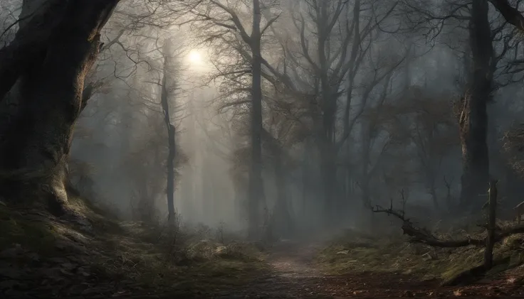 dunkler mystischer Wald, somber mood, neblig, schatten, mond