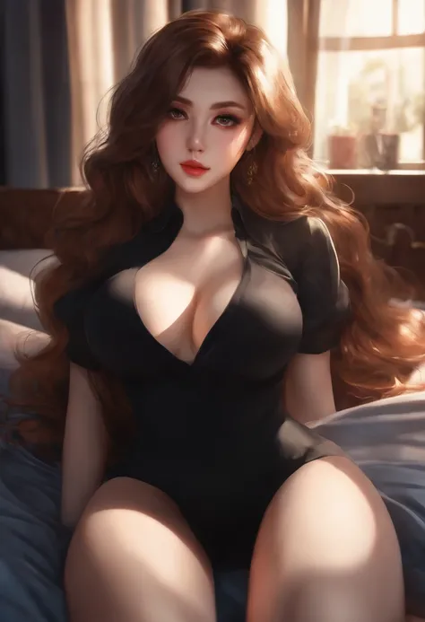 (best quality,4k,highres),realistic,anime portrait,beautiful face,intense gaze,detailed eyes,long eyelashes,serious expression,thick thighs,tight black pants,loose black shirt,luscious curves,large chest,lying on a bed,her own world