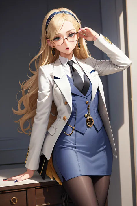 (masterpiece, best quality:1.2), cowboy shot, solo, 1girl, long hair, pushed back hair, wavy hair, hairband, blonde hair, makeup, lipstick, looking at viewer, grey skirt suit, (((three-piece suit))), ((blue dress shirt with white collar)), contrast collar,...