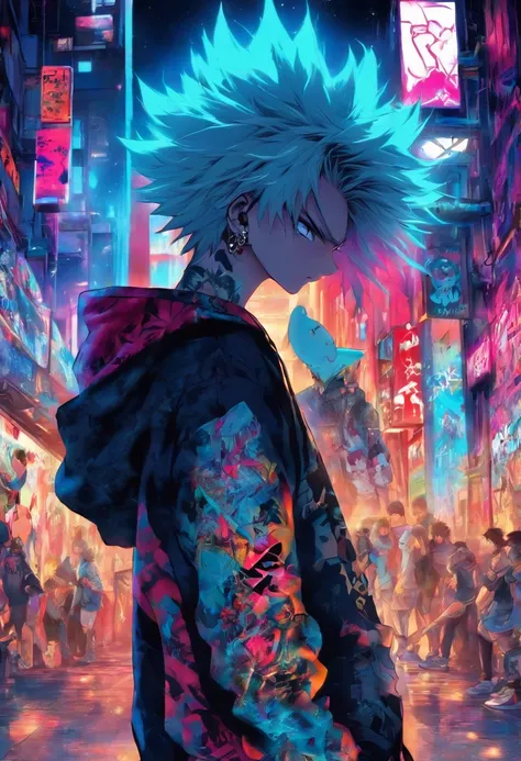 A cool and stylish boy, White hair, Blue eyes, Wear trendy hip-hop outfits, Wearing a hoodie, Graphic T-shirt and ripped jeans, Lots of tattoos and piercings, graffiti style background, highly detailed back ground, Perfect masterpiece, High quality, high r...