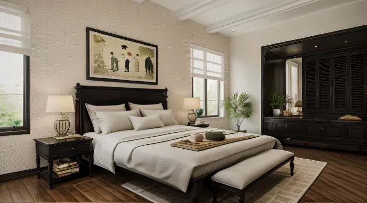 indochine bedroom interior design, a bedroom with bed, lamp, rug, potted plant, pillow, bench, wood floor, black wood furnitures...