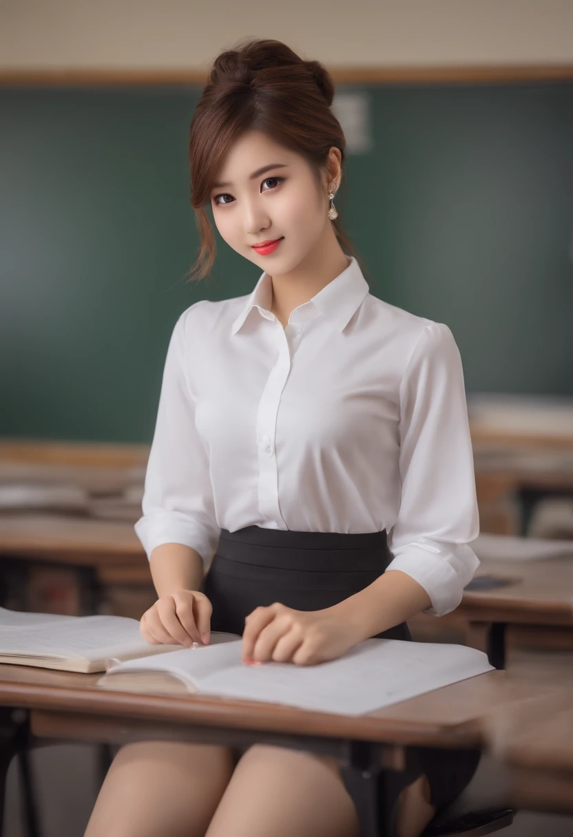 ((1 woman)), Realistic full-body photos taken from a distance), Photo of beautiful 20 year old cute Japan girl wearing (White tight crop formal shirt:1.4), And (a short skirt:1.4), Her hair was done with (messy bun), In the classroom, before the (chalk boa...