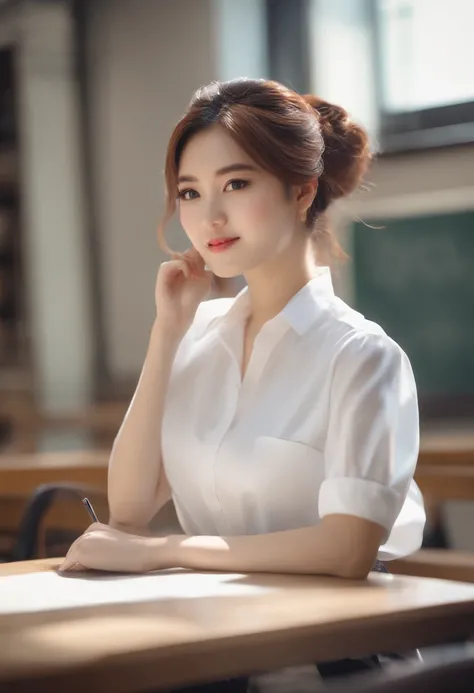 ((1 woman)), Realistic full-body photos taken from a distance), Photo of beautiful 20 year old cute Japan girl wearing (White tight crop formal shirt:1.4), And (a short skirt:1.4), Her hair was done with (messy bun), In the classroom, before the (chalk boa...