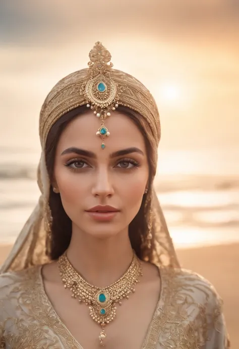 High waist portrait of beautiful and exotic Arab woman wearing Moroccan clothing on the beach, perfect detailed face, detailed symmetrical hazel eyes with round irises, stunning photorealistic, 3D rendering, octane rendering, intricately detailed, cinemati...