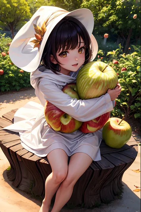 Best Quality、bob cuts, Super Detail, Best Quality, Floating hair, teens girl、the witch, Hugging a giant apple, Brown hair, White Wizard Costume, Light blush, Sit on a stump, A lot of apples around, ssmile, 4K, awardwinning, Colored leaves, the woods, Anime...