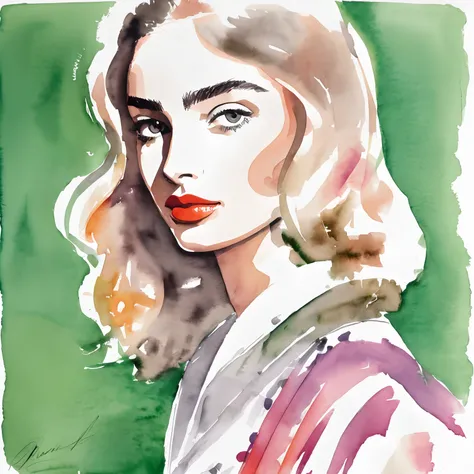 David Downton fashion illustration, watercolor drawing, thin blonde hair 1woman, Andreea Diaconu, cute face, green eyes, rose lipstick, gentle lilac sweatshirt, gray leather jacket, orange autumn leaves