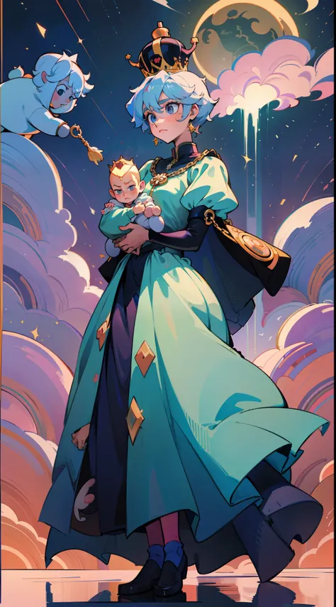 The beautiful 16-year-old queen holds a (baby prince:1.5) wearing shavings in her arms, Walking, Straight eyes, radiating a brilliant aura, Rosary handle, Crown Team, (Systemic: 2.0), Stand in the cloud, our lady, (full body: 2.0) anime, orgrange, with bla...