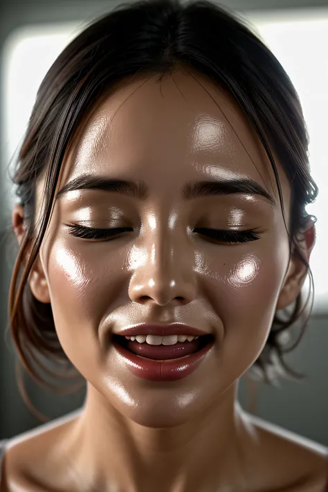 masutepiece,award - winning photo, Extremely detailed, edgOrgasm, Woman with mouth open and eyes closed , Skin shiny with sweat、Face Focus、Illumination that emphasizes shiny sweat{{{Spread }}}, A dark-haired、NSFW、