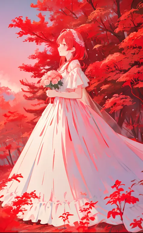 taguro、limited palette、colourfull、landscapes、woman in wedding dress、the woods、natta、red flowers、red leaves、细致背景、​masterpiece、top...