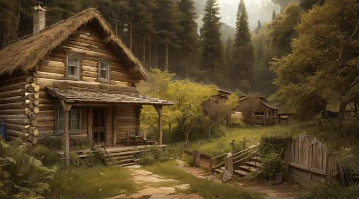 As the light began to fade, an old log cabin was spotted in a small clearing ahead. The cabins roof shimmered in the fading sunlight. The log cabin was located near a quaint steampunk village, nestled within the rugged wilderness.
Upon approaching the cabi...