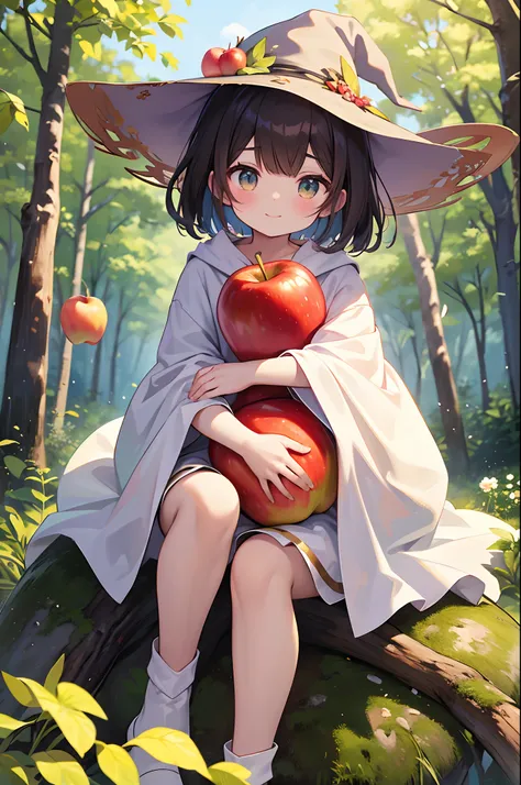 Best Quality、bob cuts, Super Detail, Best Quality, Floating hair, teens girl、the witch, Hugging a giant apple, Brown hair, White Wizard Costume, Light blush, Sit on a stump, A lot of apples around, ssmile, 4K, awardwinning, Colored leaves, the woods, Anime...