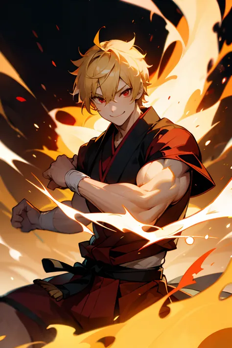 1boy, muscular, samurai outfit, smile, red eyes, blonde short hair, fire effect