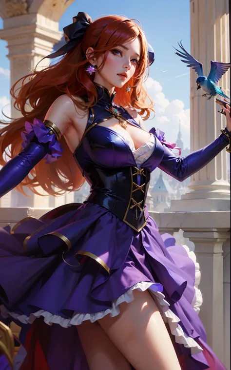 anime girl in purple dress holding a blue bird in her hand, style artgerm, extremely detailed artgerm, cushart krenz key art feminine, ! dream artgerm, miss fortune, artgerm lau, style of artgerm, artgerm on artstation pixiv, royal elegant pose, miss fortu...