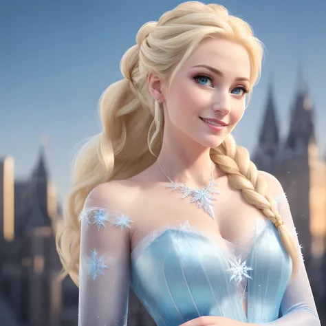 (8k), (best quality), (masterpiece:1.2), (realistic), (photorealistic:1.37), ultra-detailed, elsa, one piece blue, detailed face, ((frozen night city background)), (stands straight), ((perfect female body, skin dentation)), mature female, milf, narrow wais...