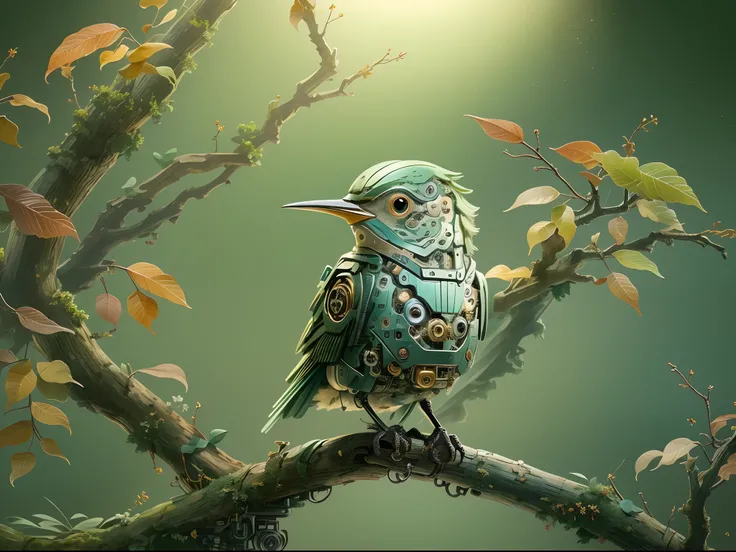 (Best quality,4K,8K,A high resolution,Masterpiece:1.2)。(There is a cute mechanical bird on the branch:1.2)，Glowing eyes，sharp beak,。beautifully soft lit, Edge light,Global illumination，exquisitedetails。