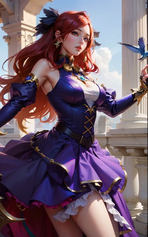 anime girl in purple dress holding a blue bird in her hand, style artgerm, extremely detailed artgerm, cushart krenz key art feminine, ! dream artgerm, miss fortune, artgerm lau, style of artgerm, artgerm on artstation pixiv, royal elegant pose, miss fortu...