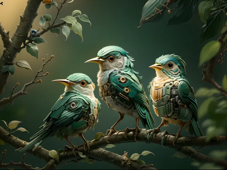 (best quality,4k,8k,a high resolution,masterpiece:1.2)。(there are 3 cute mechanical birds on the branches:1.2)，glowing eyes，shar...