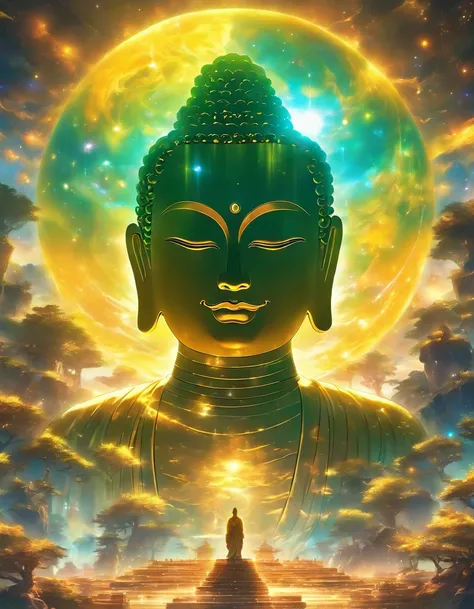 The huge transparent Buddha head is、Looking at the yellow planet in the soil of space，glow effect，OC rendering,enlarged